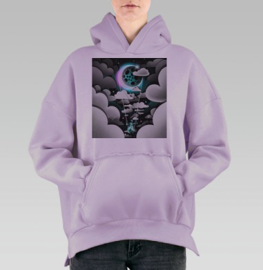 Девушка на качелях в небе на полумесяце, Hoodie Oversize Fiolet, утепленная