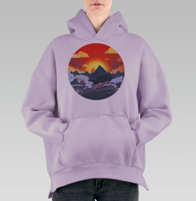 Драматический закат над морем и горами, Hoodie Oversize Fiolet, утепленная