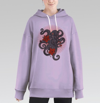 Стилизованный осьминог с красными цветами и сиянием, Hoodie Long Oversize Fiolet
