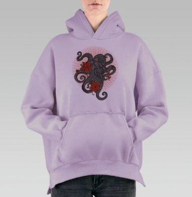 Стилизованный осьминог с красными цветами и сиянием, Hoodie Oversize Fiolet, утепленная