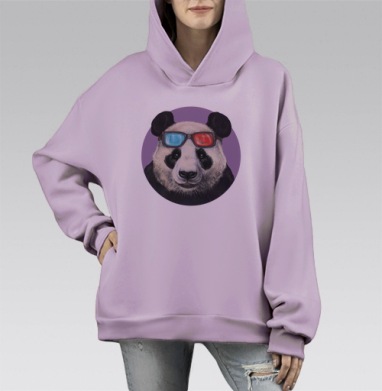 Стилизация панды в 3D-очках – яркая иллюстрация, Hoodie Mono Fiolet, оверсайз, утепленная