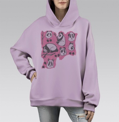 Милый паттерн с пандами и бамбуком на розовом фоне, Hoodie Mono Fiolet, оверсайз, утепленная