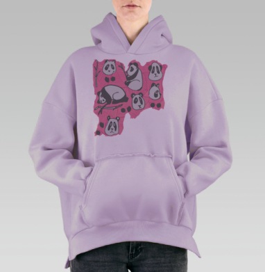 Милый паттерн с пандами и бамбуком на розовом фоне, Hoodie Oversize Fiolet, утепленная