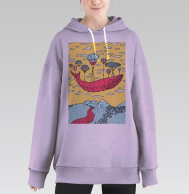 Розовый кит на воздушных шарах в волшебном небе, Hoodie Long Oversize Fiolet