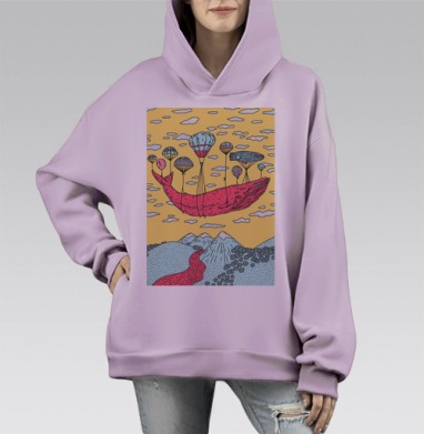Розовый кит на воздушных шарах в волшебном небе, Hoodie Mono Fiolet, оверсайз, утепленная