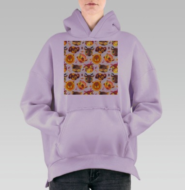 Тёплый паттерн с милыми акварельными животными, Hoodie Oversize Fiolet, утепленная