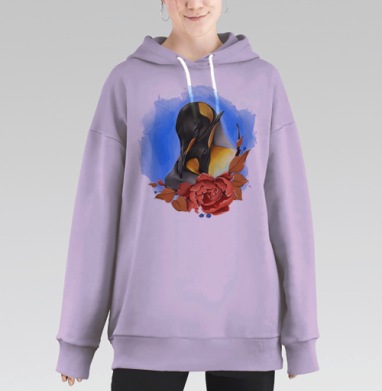 Картина с двумя нежными пингвинами и красочным цветком, Hoodie Long Oversize Fiolet