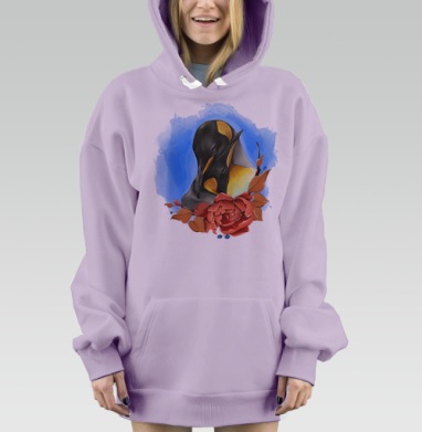 Картина с двумя нежными пингвинами и красочным цветком, Hoodie Mjhigh Dig Mel, Fiolet, утепленная