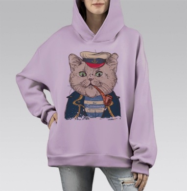 Кот-капитан в морском образе с трубкой, Hoodie Mono Fiolet, оверсайз, утепленная