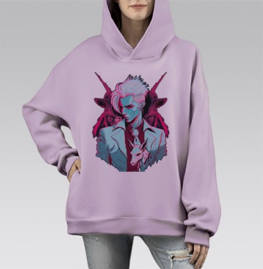 Портрет молодого человека с демоническими зверями в киберпанке, Hoodie Mono Fiolet, оверсайз, утепленная
