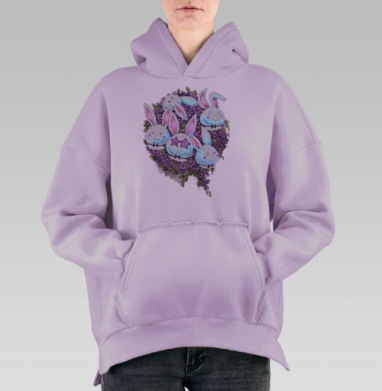 Милые белые кролики в фиолетовых цветах, Hoodie Oversize Fiolet, утепленная