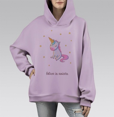 Милый единорог с рожком мороженого на голове, Hoodie Mono Fiolet, оверсайз, утепленная