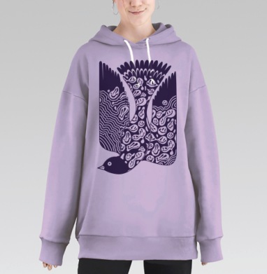 Стилизованное изображение птицы с абстрактными смайликами, Hoodie Long Oversize Fiolet