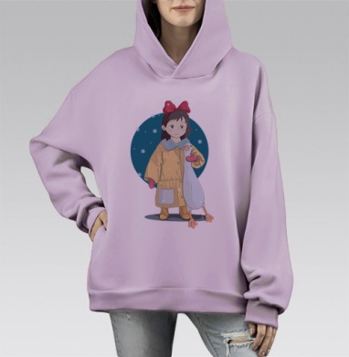Зимняя иллюстрация с девочкой и длинным белым гусем, Hoodie Mono Fiolet, оверсайз, утепленная