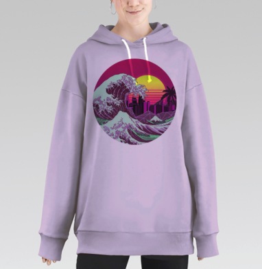 Ретровейв волна Хокусая в неоновых цветах, Hoodie Long Oversize Fiolet