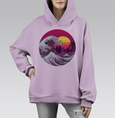Ретровейв волна Хокусая в неоновых цветах, Hoodie Mono Fiolet, оверсайз, утепленная