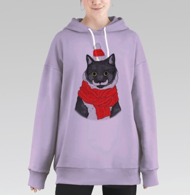 Стильный черный кот в зимнем наряде с шарфом, Hoodie Long Oversize Fiolet