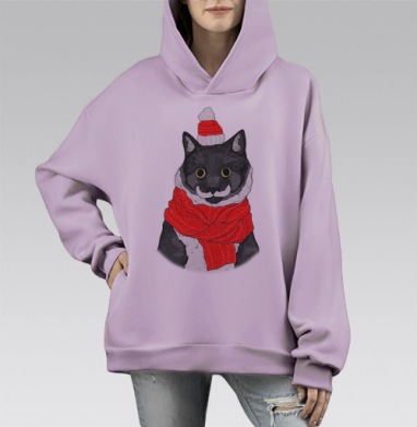 Стильный черный кот в зимнем наряде с шарфом, Hoodie Mono Fiolet, оверсайз, утепленная