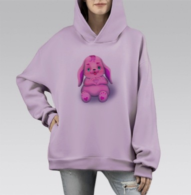 Розовый зайчик с сердечком ласковое символы любви, Hoodie Mono Fiolet, оверсайз, утепленная