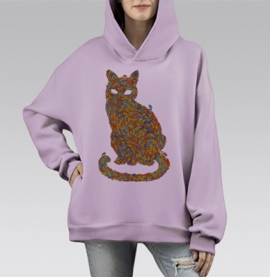 Сюрреалистичный силуэт кошки из ярких насекомых, Hoodie Mono Fiolet, оверсайз, утепленная