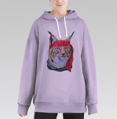 Харизматичный портрет рыси с красной банданой, Hoodie Long Oversize Fiolet