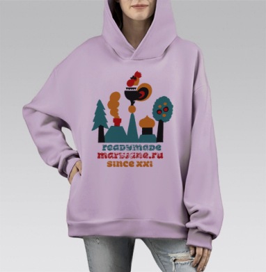 Русская деревня с петухом и храмом since xxi, Hoodie Mono Fiolet, оверсайз, утепленная