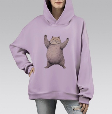 Серый большой кот держащий лапы вверх в позе силы, Hoodie Mono Fiolet, оверсайз, утепленная
