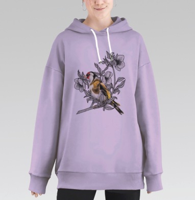 Щегол в ярких оттенках на графичных ветках, Hoodie Long Oversize Fiolet