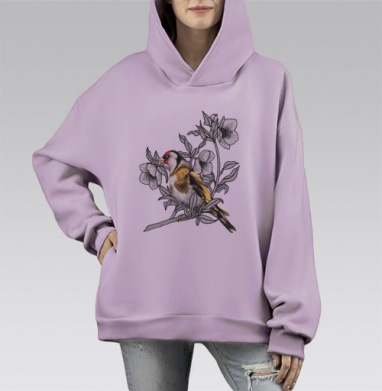 Щегол в ярких оттенках на графичных ветках, Hoodie Mono Fiolet, оверсайз, утепленная