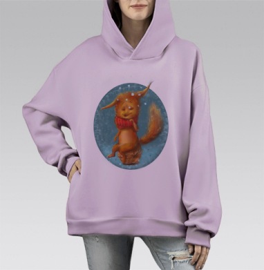 Уютная рыжая белка в зимней сказке, Hoodie Mono Fiolet, оверсайз, утепленная