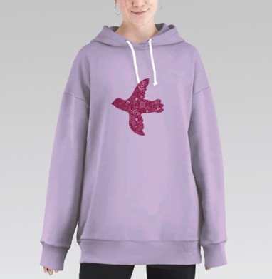 Птица в полете с флоральным узором фуксия, Hoodie Long Oversize Fiolet