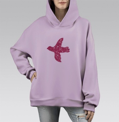 Птица в полете с флоральным узором фуксия, Hoodie Mono Fiolet, оверсайз, утепленная