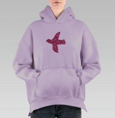 Птица в полете с флоральным узором фуксия, Hoodie Oversize Fiolet, утепленная