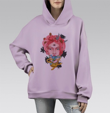 Таинственный портрет с третьим глазом и змеёй, Hoodie Mono Fiolet, оверсайз, утепленная
