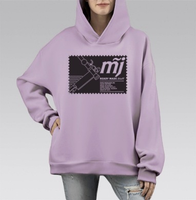 Стилизованный автомат Калашникова с логотипом MJ и надписями READY MADE Stuff, Hoodie Mono Fiolet, оверсайз, утепленная