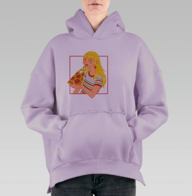 Яркий принт Девушка с пиццей и сырной тянучкой, Hoodie Oversize Fiolet, утепленная