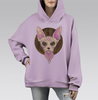 Икона с кошкой сфинкс в золотом нимбе, Hoodie Mono Fiolet, оверсайз, утепленная