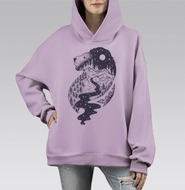 Графическое изображение гармонии природы и космоса, Hoodie Mono Fiolet, оверсайз, утепленная
