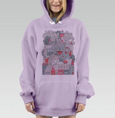 Гигантский кот с чашкой чая над городом, Hoodie Mjhigh Dig Mel, Fiolet, утепленная