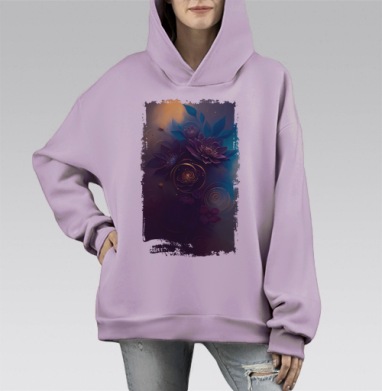 Темные цветы с золотым свечением эффектно играют светом, Hoodie Mono Fiolet, оверсайз, утепленная