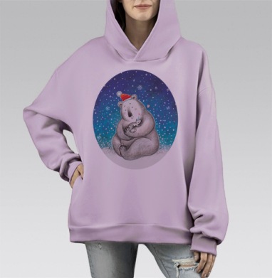 Медведь и котенок в новогодних колпаках, Hoodie Mono Fiolet, оверсайз, утепленная
