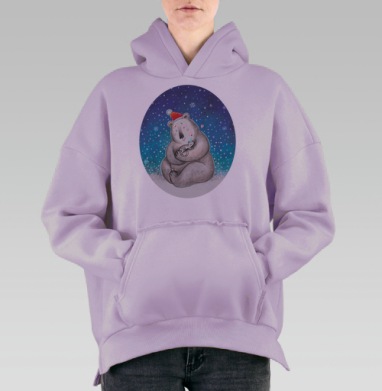 Медведь и котенок в новогодних колпаках, Hoodie Oversize Fiolet, утепленная
