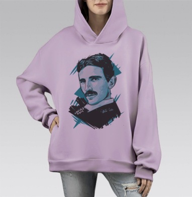 Портрет Николы Теслы в стиле поп-арт с бирюзовым акцентом, Hoodie Mono Fiolet, оверсайз, утепленная
