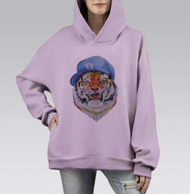 Заряженный тигр в акварельной технике с кепкой D, Hoodie Mono Fiolet, оверсайз, утепленная