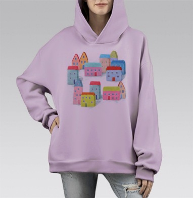 Яркие уютные домики на склоне холма, Hoodie Mono Fiolet, оверсайз, утепленная