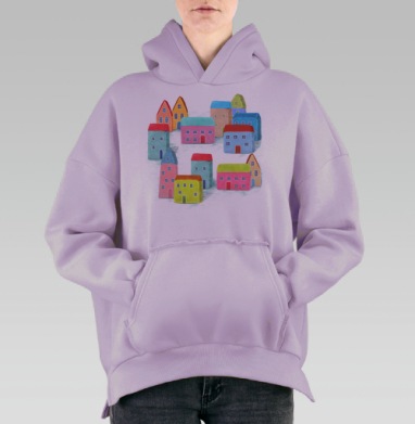 Яркие уютные домики на склоне холма, Hoodie Oversize Fiolet, утепленная