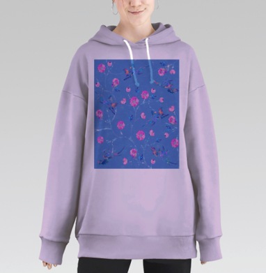 Удивительные живописные акварельные мотивы Колибри розовые цветы, Hoodie Long Oversize Fiolet