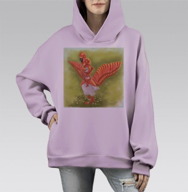 Птица в костюме фламинго с розовыми крыльями, Hoodie Mono Fiolet, оверсайз, утепленная