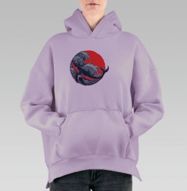 Гигантский кит в море коралловых волн, Hoodie Oversize Fiolet, утепленная