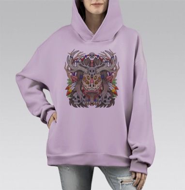 Мифический тотем с оленими рогами и черепами, Hoodie Mono Fiolet, оверсайз, утепленная